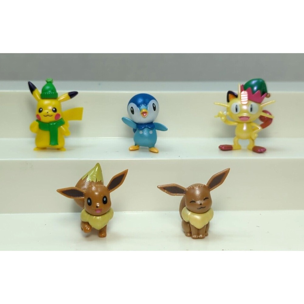 Pokemon Holiday Piplup Meowth Pikachu Figures Christmas Hat Eevee lot 5